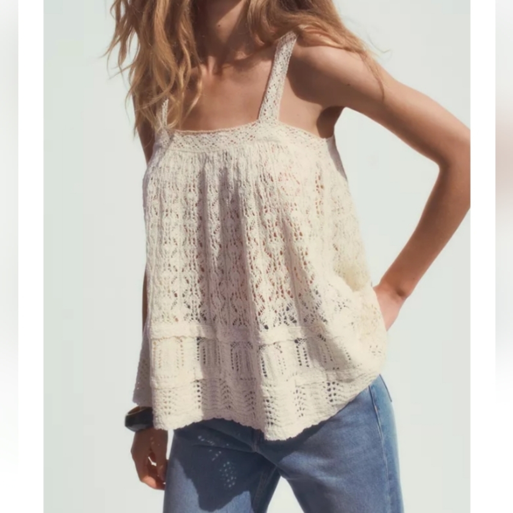 Zara Cream Pointelle Lace Crochet Top Sz-L